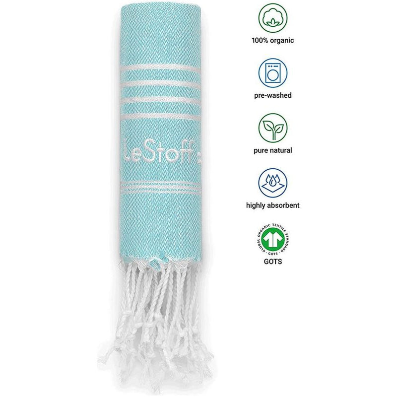 LeStoff de traditionele Hamamdoek Strandlaken Badhanddoek Saunahanddoek Douchehanddoek Spa Sport Yoga Reizen 100% Biologisch Katoen. Duurzaam, natuurlijk, zacht en voorgewassen. (50 x 100 cm, Light Aqua)