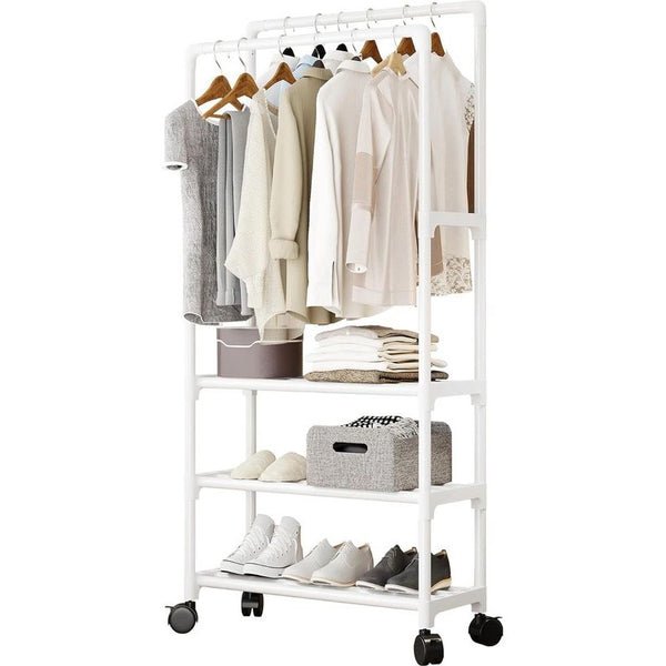 Kledingrek, kledingstang, kledingrek op wieltjes, kledingstang rollen, kledingrek stabiel, kledingrek met wielen met 3 lagen opbergvakken (wit)