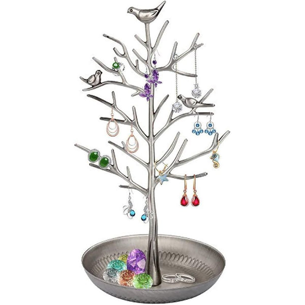 Sieradenboom met vogels, geschikt voor oorbellen, kettingen, ringen, sieradenhouder, (zilver/brons/goud), zilver