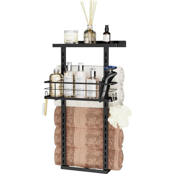 Wandhanddoekhouder, zwarte handdoekhouder badkamer met plank, metalen badkamergastenhanddoekhouder met opbergmand, 57cm opgerold handdoekenrek, handdoekenopslag