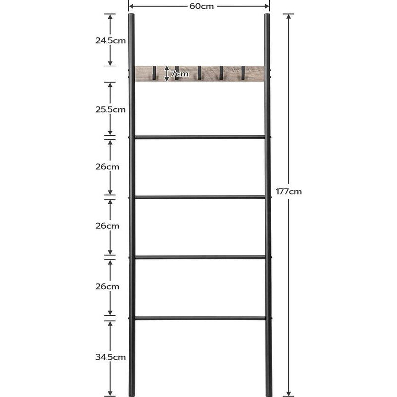 Towel Ladder, Towel Rack, Towel Rack, Clothes Rack, 5 Removable Hooks, 60 x 177 cm, for Bath Towels, Clothes, Blankets, Newspapers, Space Saving, Sturdy, Industrial Style EBG60CJ01