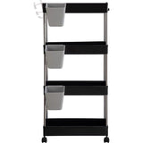 Opbergwagen, keukenwagen, 4-laags rollende wagen met wielen en 3 hangende kopjes, multifunctioneel opbergrek voor keuken, badkamer, slaapkamer, kantoor, zwart