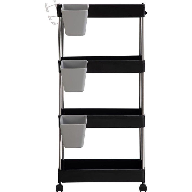 Opbergwagen, keukenwagen, 4-laags rollende wagen met wielen en 3 hangende kopjes, multifunctioneel opbergrek voor keuken, badkamer, slaapkamer, kantoor, zwart