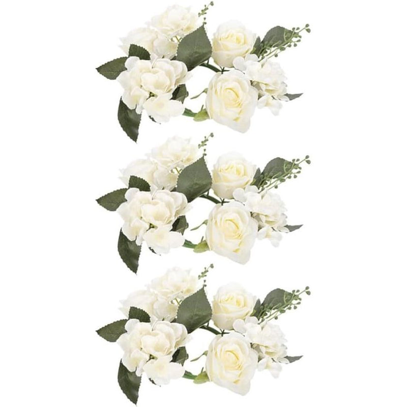 Set van 3 kaarsenringen voor conische kaarsen, rozen kaarsenkrans, bloemenkrans, decoratieve krans, rozenkoppen krans, hanger voor Pasen, bruiloft, Valentijnsdag, middenstukken, tafeldecoratie, wit.