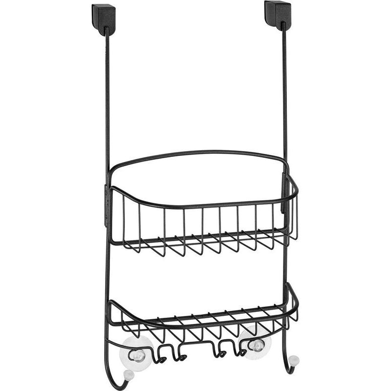 Hangend douchemandje - Praktisch doucherek zonder boren - Metalen badkamerplank met twee brede manden en haken - Zwart