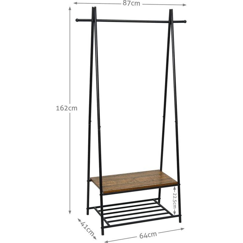 Garderobestandaard, kledingrek, garderobe met schoenenrek, metalen frame, in de hal, woonkamer en veranda, retro industrieel wasrek, 64 cm x 41 cm x 162 cm, retrobruin-zwart