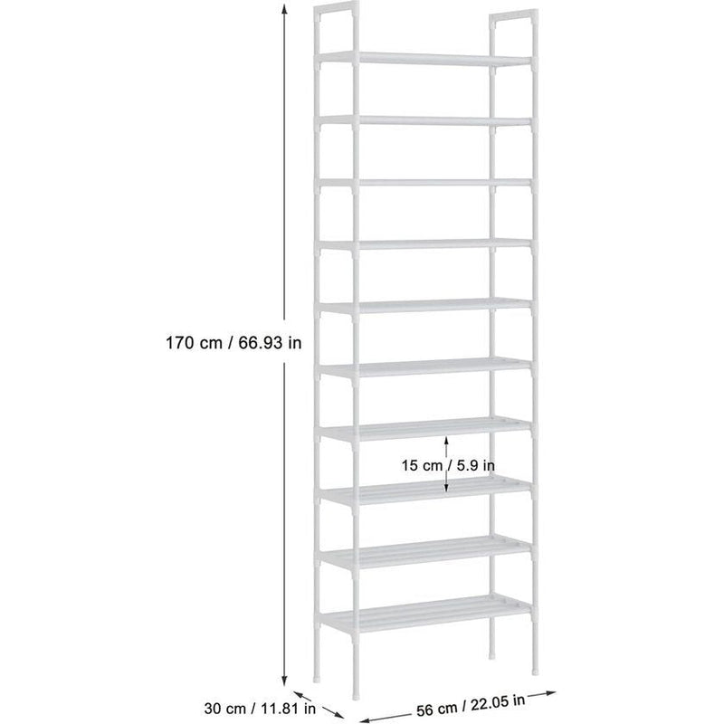 10-laags verstelbare schoenenrekken Schoenenopslag Hoge schoenenrek Organizer Plankhouder Standaard voor 30 paar schoenen, 56 x 30 x 170 cm, robuust ontwerp (wit)