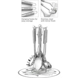 Roestvrijstalen keukengereiset/kookgereiset, zilveren draaier, pollepel, stamper en pastaserver met vaste en sleuflepel, roestvrij staal, 6-delig