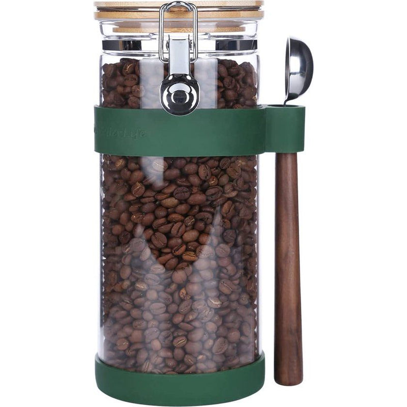 Koffieblikje, glas, luchtdicht voor 500 g koffiebonen, koffiepot, glas, aromadicht voor 500 g gemalen koffie, voorraaddoos koffie voor koffiebonen, glazen container met lepel, 1500 ml