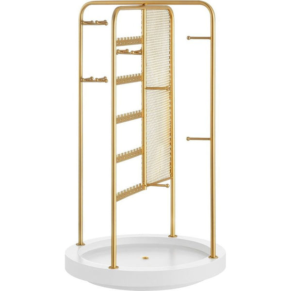 Draaibare sieradenstandaard 4 aparte secties Metalen frame Sieradenopslag voor kettingen, armbanden, oorbellen, oorknopjes, cadeaugoud