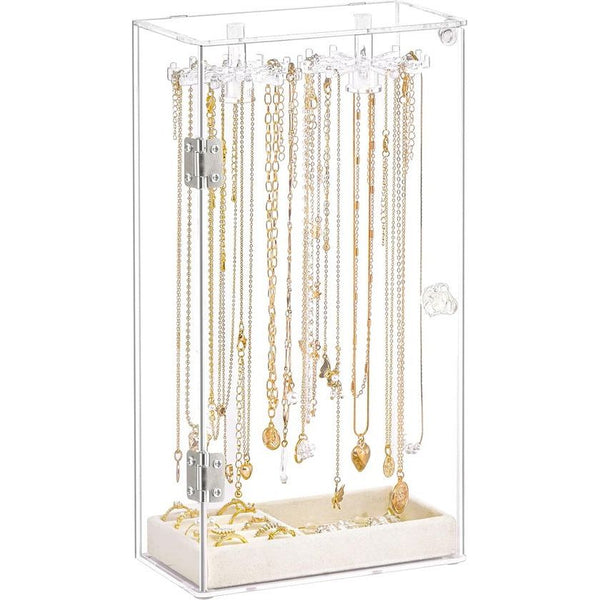 Halskettinghouder, acryl sieradenorganizer met 24 haken, draaibare doorzichtige halsketting-hanger, displaystandaard, stofdicht fluwelen sieradendienblad ophanging