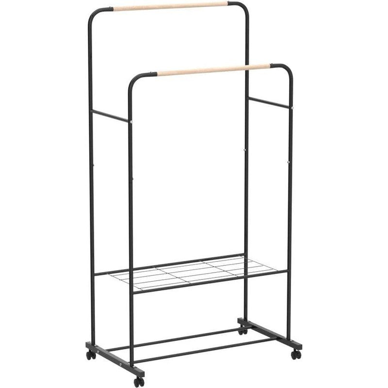 Kledingrek op wieltjes, stabiele kapstok van metaal, dubbele kledingstangen met 2 planken, belastbaar, industriële stijl, 82 x 51 x 155 cm, zwart