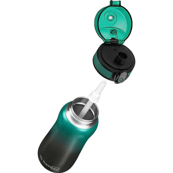 Thermo Minny-Roestvrijstalen Waterfles lekvrij-met rietje of zeef-400ml, 600ml - robuuste roestvrijstalen waterfles voor kinderen en volwassenen (groen-zwart, 400 ml)