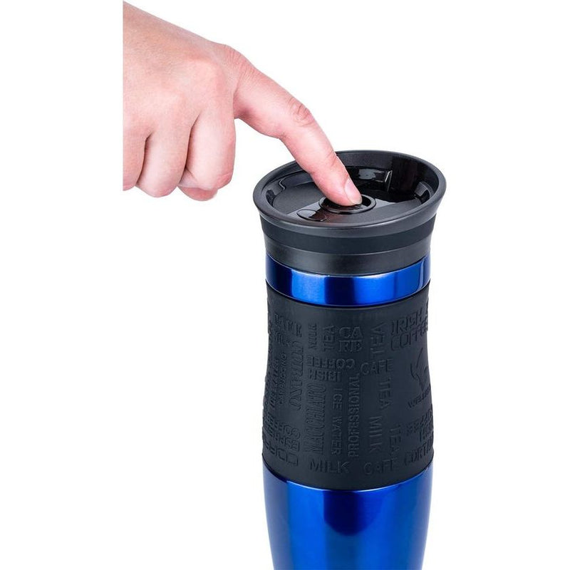 Thermobeker 400 ml + 1 extra deksel - roestvrij staal - siliconen soft-touch greep - BPA-vrij - thermosbeker dubbelwandig - reismok - koffiemok to go, kleur: blauw metallic