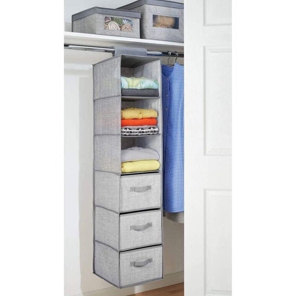 Hangende textielkast van kunstvezel, praktisch hangrek met drie vakken en drie laden, hangkast van stof voor de slaapkamer, grijs