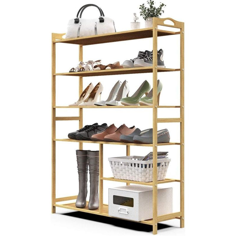 Schoenenrek bamboe frame schoenenrek, 6 laags smal MDF houten staande plank, multifunctionele doe-het-zelf houten plank 80x26x102cm