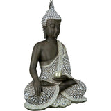 Decoratieve sculptuur van een zittende Boeddha-figuur - meditatie - bruin/wit - hoogte 35 cm.