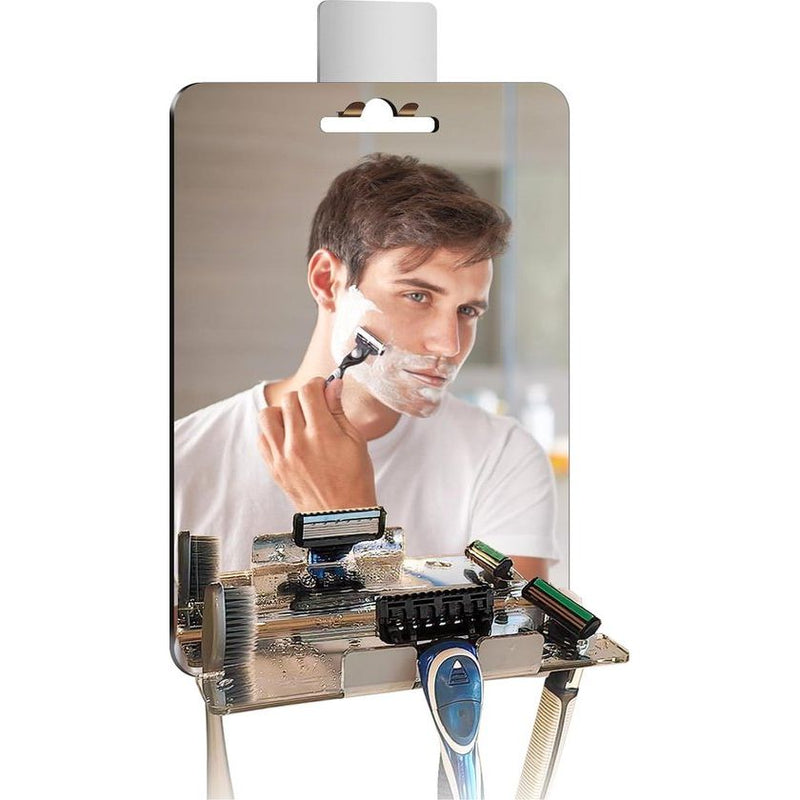 Scheerspiegel, anti-condens, douchespiegel, hoge resolutie, cosmeticaspiegel, onbreekbaar, badkamerspiegel met planken, badkamerhangspiegel met zuignaphaken, kleefhaken (19 x 15 cm)