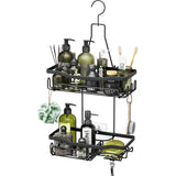 Hangend doucherek met scheerstandaard en zeephouder, doucherek om op te hangen met meerdere haken - Hoogwaardige douchemand om op te hangen, roestvrij staal, niet boren, zwart