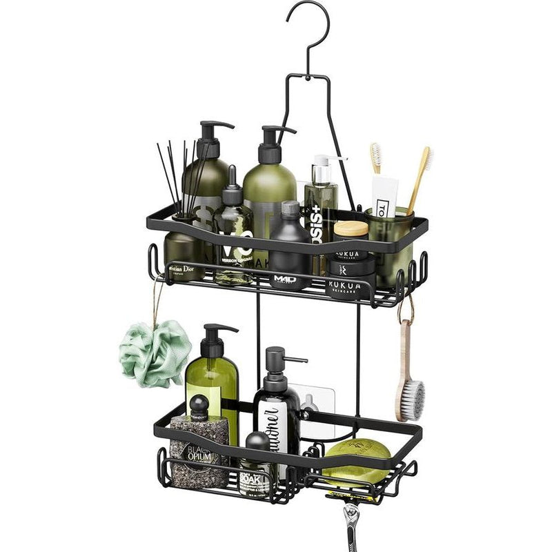 Hangend doucherek met scheerstandaard en zeephouder, doucherek om op te hangen met meerdere haken - Hoogwaardige douchemand om op te hangen, roestvrij staal, niet boren, zwart