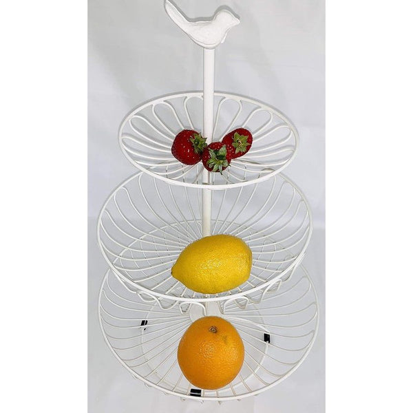 Fruitmand, fruitschaal, groenteetagère, 3 verdiepingen, wit, RAL 9010, metalen fruitstandaard, decoratief opbergen, landhuisstijl, meer ruimte op het werkblad, keuken, vintage cadeau-idee