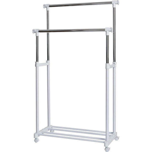 Kledingrek op wieltjes, met 2 kledingstangen, in hoogte verstelbaar en zijdelings uittrekbaar, zeer stabiel, wit/chroom