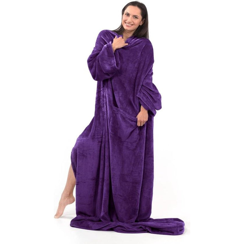 Tv-deken van microvezel, knuffeldeken met mouwen en zakken, microvezeldeken, zachte fleece deken met zakken voor voeten, dagsprei, paars, 170 x 200 cm