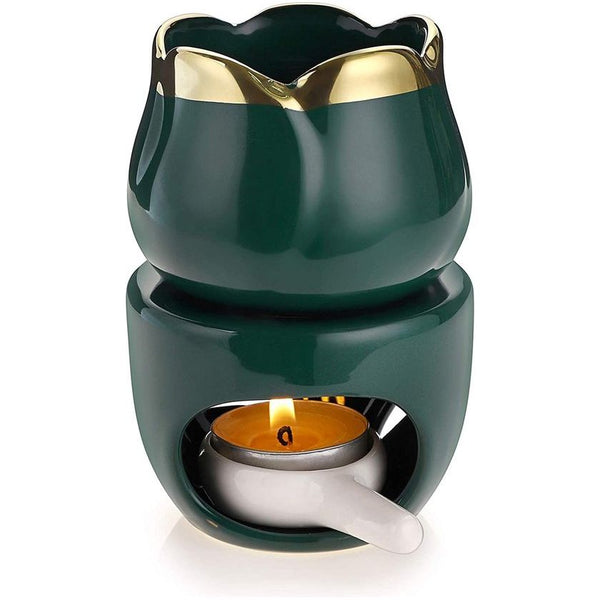 Keramische etherische oliebrander Waxmeltbrander met kaarslepel, decoratief aroma Theelichtkaarshouder Oliebrander voor waxmelt, bloemmodel (groen)
