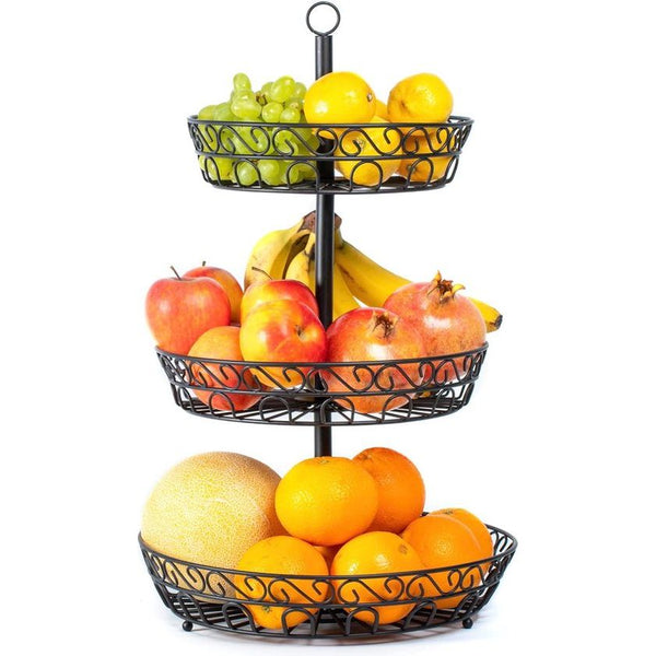 Fruitetagère 3 etagères - etagère fruit voor meer ruimte op het werkblad - decoratieve fruitmand zwart - fruitschaal etagère groot (34 x 34 x 52 cm)
