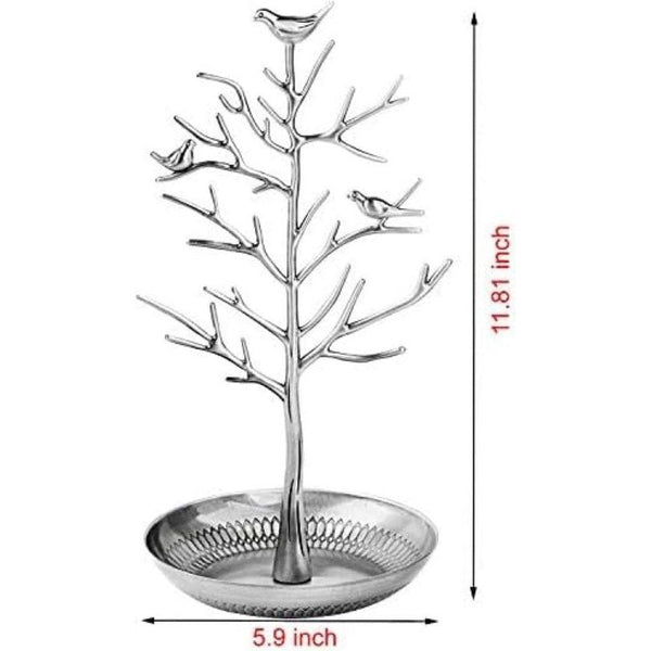 Sieradenboom met vogels, geschikt voor oorbellen, kettingen, ringen, sieradenhouder, (zilver/brons/goud), zilver