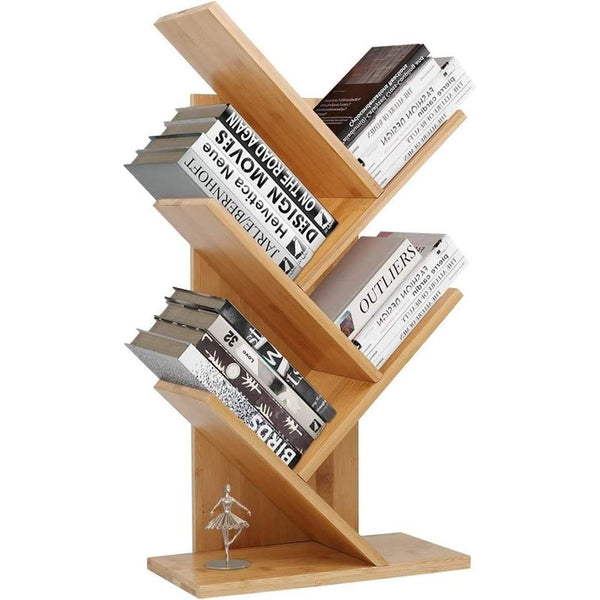 Boekenkast met 4 niveaus, ruimteverdeler, staand rek voor presentatie, boomvorm, ruimteverdeler, staand rek, kantoorrek, staand rek, cd-rek van hout, voor woonkamer, 64,5 x 37 x 16 cm, bamboe