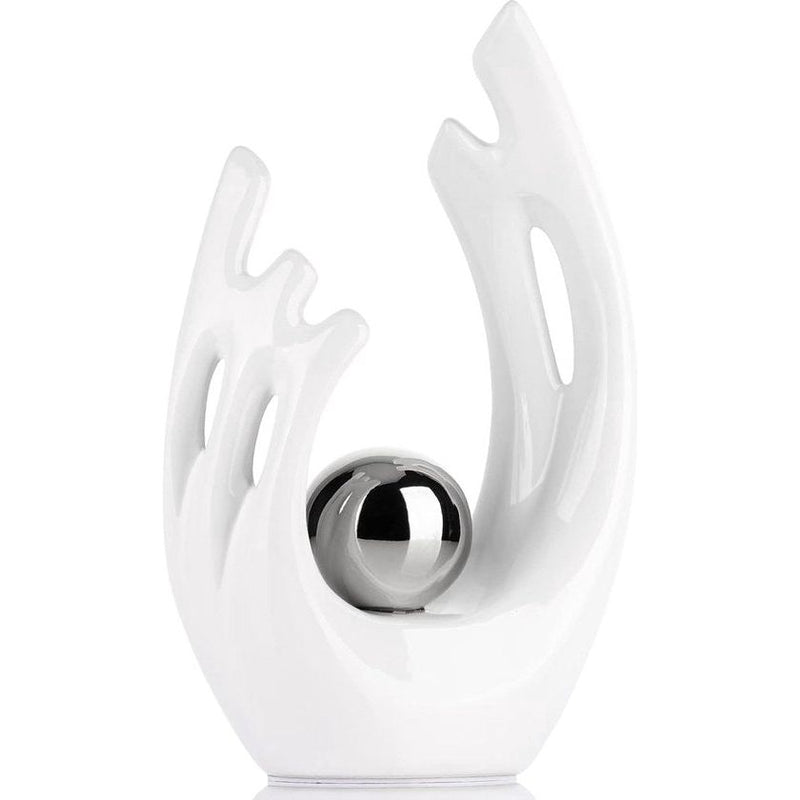 Witte abstracte keramische beelden en sculpturen, witte en zilveren keramische kunstbeelden, moderne woondecoratie voor woonkamer, eettafel, salontafel, plank, entree, desktopsculptuur voor thuis, woondecoratie