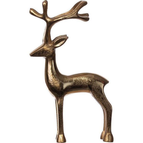 Decoratieve Rendier Kerstdecoratie Hert Aluminium Goud 15 cm Hoog Decoratieve Kerstdecoratie van een Rendier Hert, gemaakt van goudkleurig aluminium, 15 cm hoog.