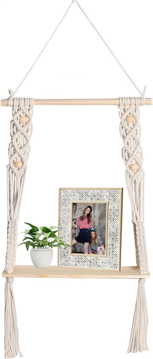 1 stuks macramé wandrek, wandrek, hout, handgeweven zwevend rek voor wand-, woonkamer-, kantoor-, slaapkamerdecoratie.