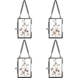 Set van 4 mini-rechthoekige fotolijsten van metaal en glas, hangende glazen fotolijst, geometrisch ornament, plantenmonsterclip, voor geperste bloemenfoto's, zwart