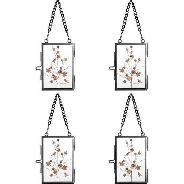 Set van 4 mini-rechthoekige fotolijsten van metaal en glas, hangende glazen fotolijst, geometrisch ornament, plantenmonsterclip, voor geperste bloemenfoto's, zwart