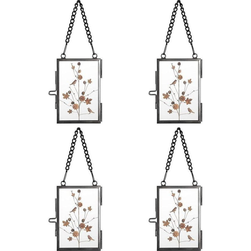 Set van 4 mini-rechthoekige fotolijsten van metaal en glas, hangende glazen fotolijst, geometrisch ornament, plantenmonsterclip, voor geperste bloemenfoto's, zwart