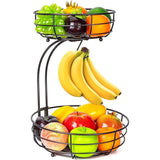 Fruitmand met Bananenhouder - 2-laags metalen fruitschaal - Keukenstaande moderne fruitschalen - Decoratieve groentemand Fruitschaal - Bruin