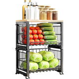 2-laags fruitschaal zwarte fruitmand metalen draadmand zwarte opbergmand stabiliteit fruitmand draadmand groot met houten deksel aanrecht, organizer voor snacks, fruit en groenten 37,5*26*48 cm