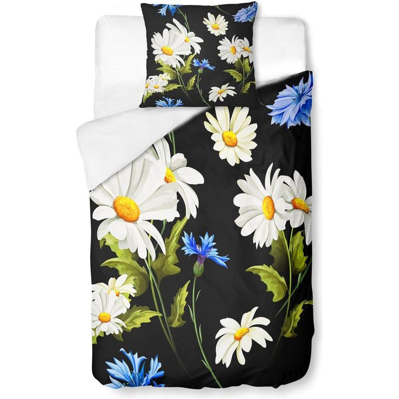 Beddengoedset met ritssluiting, dekbedovertrek 135 x 200 cm, kussensloop van 80 x 80 cm, 2-delig, microvezel, blauw, modern, bloemen, wit, plantenpatroon, eenpersoons