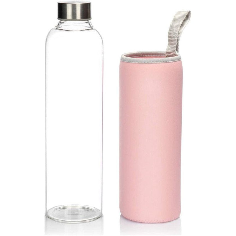 COM-FOUR® 2x bidon van borosilicaatglas - glazen drinkfles voor sport met RVS schroefdop en thermo deksel van neopreen in grijs en roze - 1000 ml