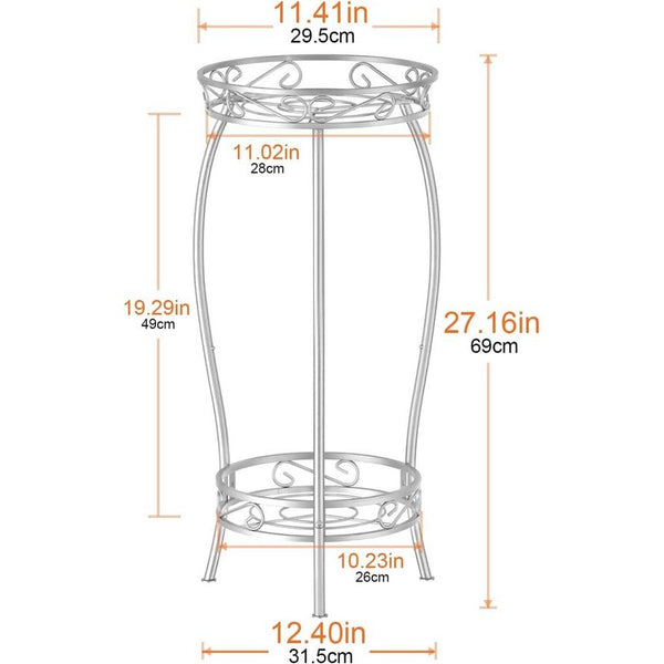 Plantenstandaard, metaal, 69 cm, bloemenstandaard, plantenstandaard, 2-traps bloempothouder, voor binnen en buiten, zilver