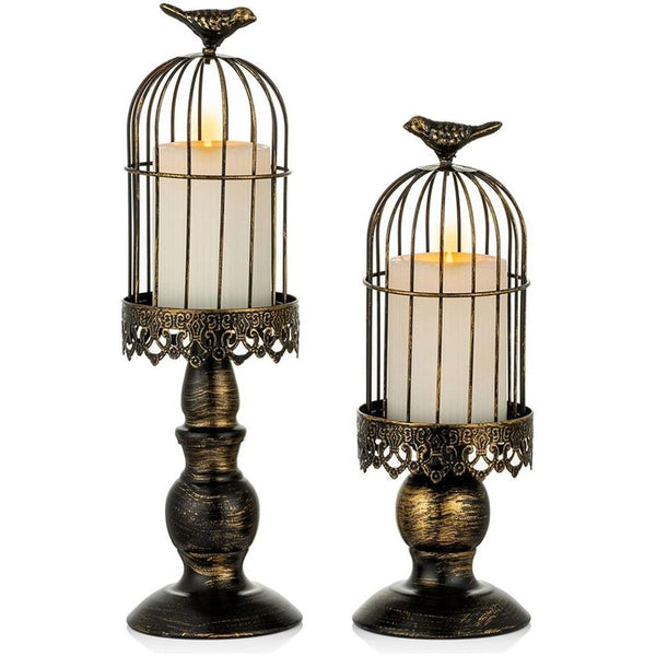 vintage vogelkooikandelaar, decoratiekaarshouder voor bruiloft en eettafel, ijzeren kandelaar met gesneden figuren, zwart