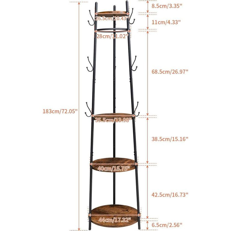 Kledingrek, kledingrek met 4 ronde planken, garderobe met 9 haken, stalen frame, industriële stijl, voor sjaals, tassen, paraplu's en boxen, vintabruin-zwart