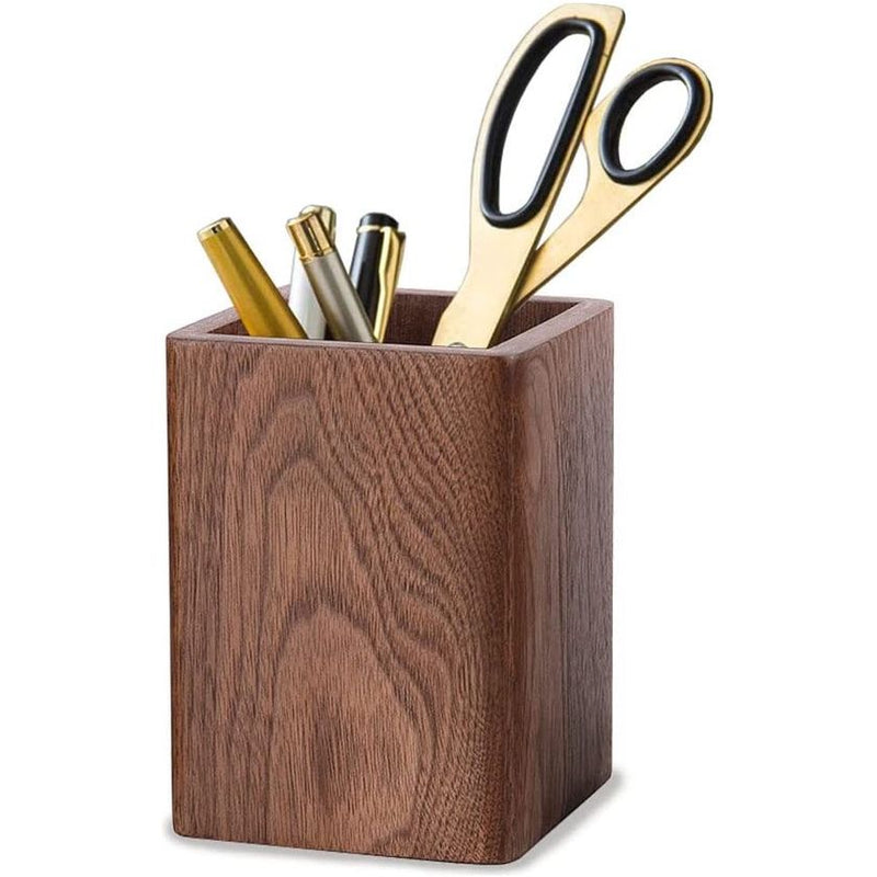 Houten pennenkoker, vierkante pennenhouder, bureau-organizer, zwart walnoothout, handgemaakt, voor schrijfwaren, make-upkwasten, bureaus, kantoren (bruin)