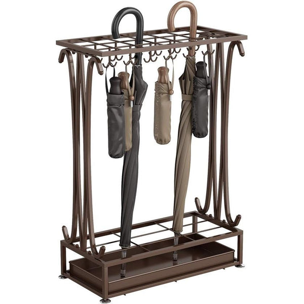 Extra grote bruine metalen 21-gaats rechthoekige paraplubak met 24 haken en gratis regenwaterbak 70 x 50 x 24 cm