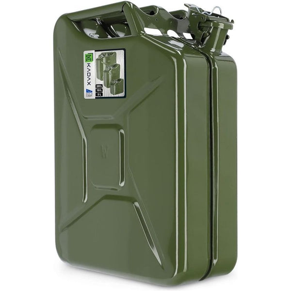 KADAX - Retro jerrycan van 0,8 mm staal - jerrycan voor benzine en diesel, reservetank met drievoudige handgreep, stalen blikje - Groen, 20L