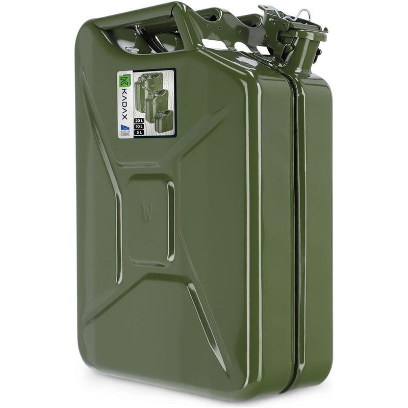KADAX - Retro jerrycan van 0,8 mm staal - jerrycan voor benzine en diesel, reservetank met drievoudige handgreep, stalen blikje - Groen, 20L