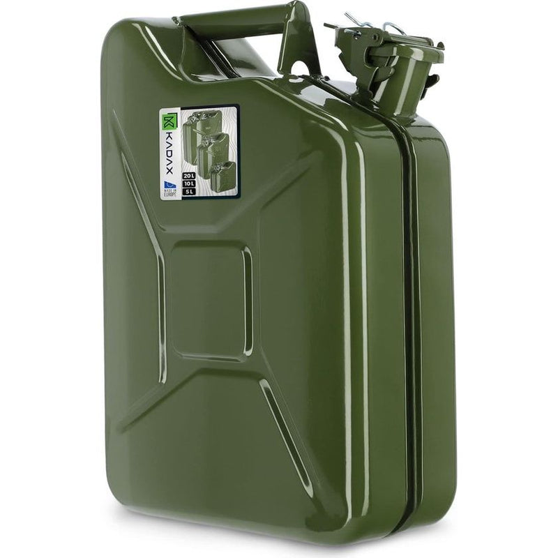KADAX - Retro jerrycan van 0,8 mm staal - jerrycan voor benzine en diesel, reservetank met drievoudige handgreep, stalen blikje - Groen, 10L