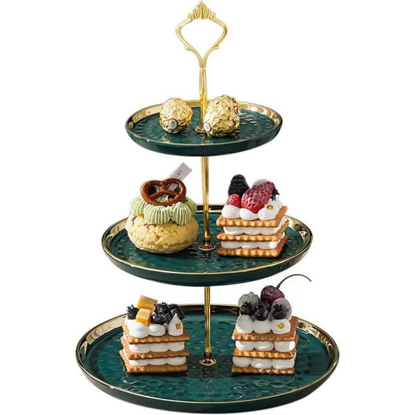 Cupcake-standaard, keramiek, taartstandaard met 3-laags ingelegde gouden dieren, tafels, fruitborden voor salontafel, decoratie, cupcake en borden, dessert, standaard (groen)